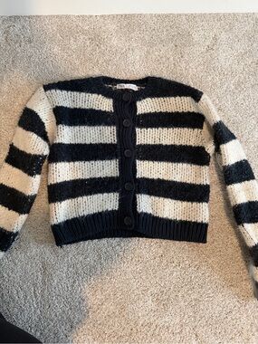 Zara Navy & Cream Striped Button-Up Cardigan. Size Small